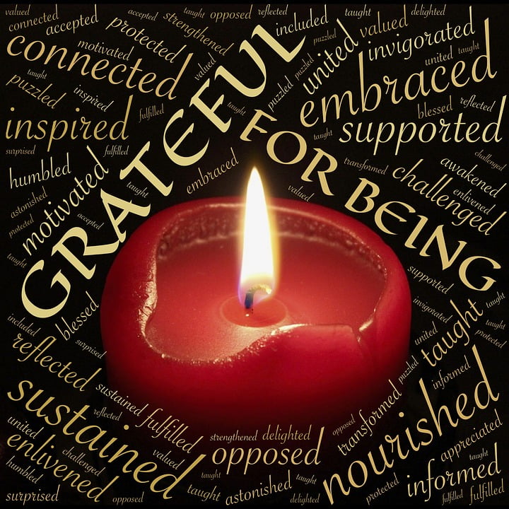 Graphic showing thankful words around a candle. 