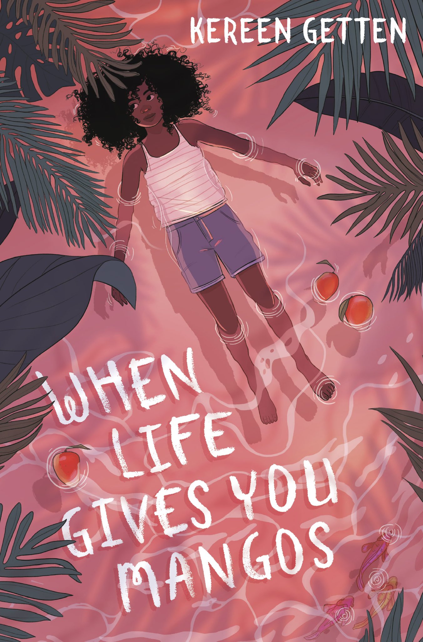 when life gives you mangos book cover featuring Jamaican girl enjoying tropical water in shades of pink.